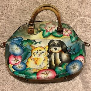 Anuschka leather friends forever cat and dog Dome satchel hand painted